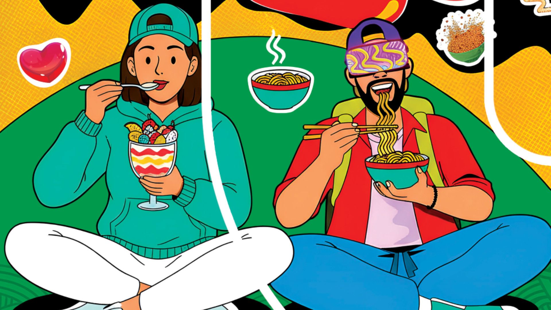 Illustration of two people sitting cross‑legged, each eating from a bowl. One with a spoon and a dessert, the other with chopsticks and noodles.
