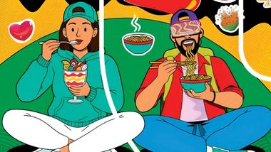 Illustration of two people sitting cross‑legged, each eating from a bowl. One with a spoon and a dessert, the other with chopsticks and noodles.