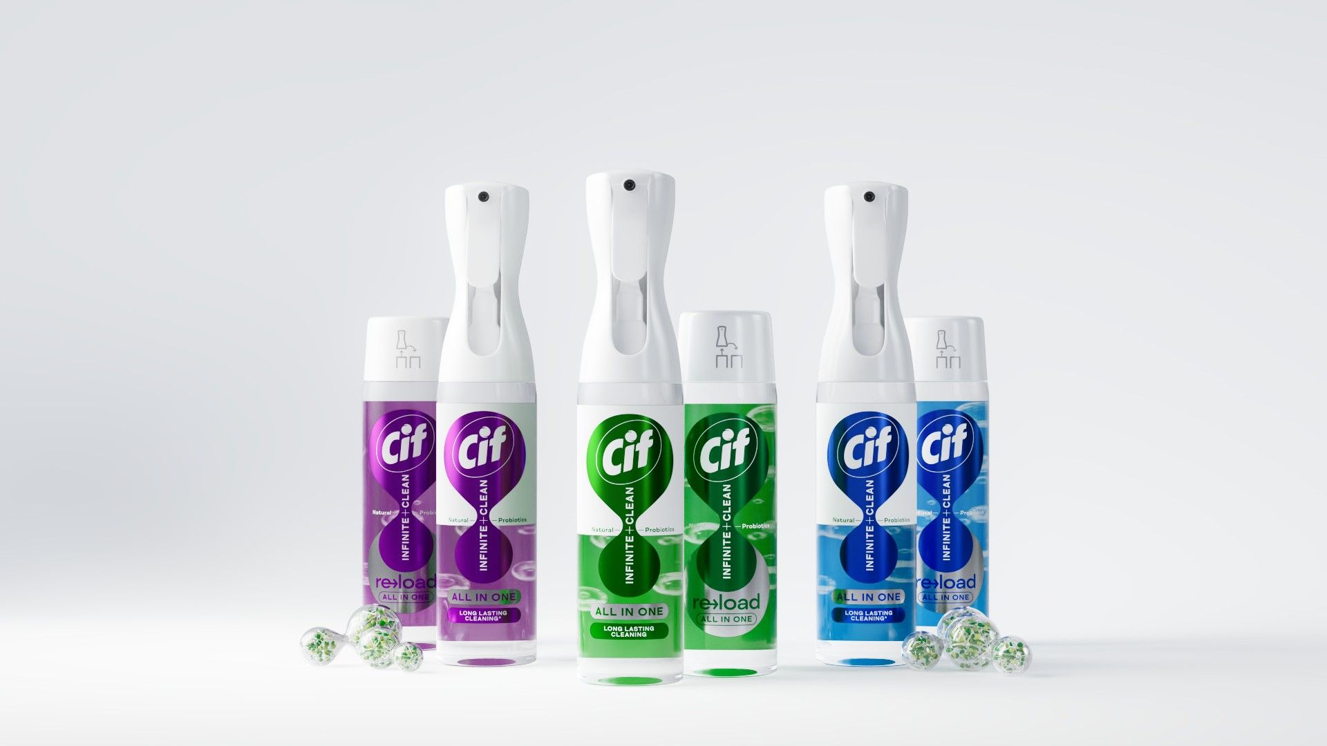 The image shows three Cif cleaning products in plastic spray bottles with refill packs shown alongside. There are three different product variants with purple, green and blue labels.