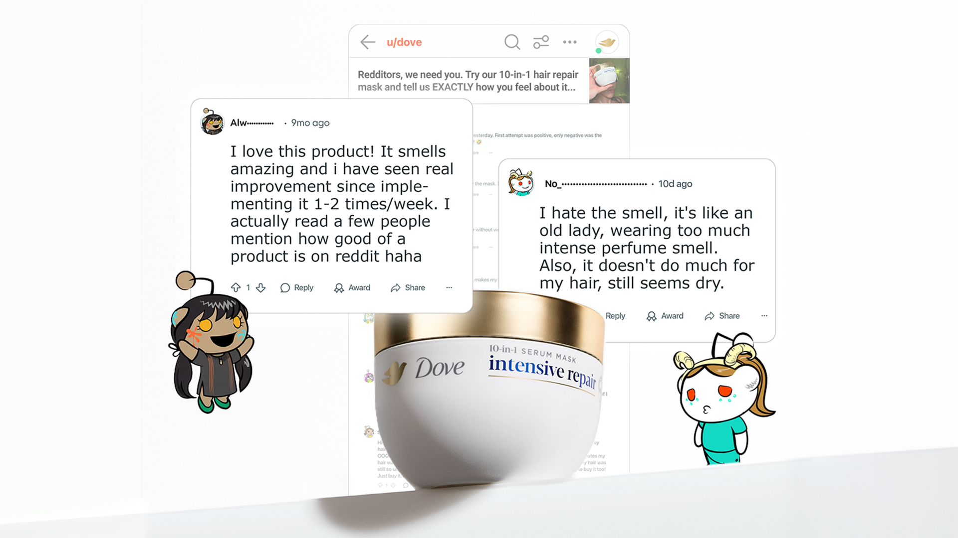 A white and gold jar of Dove Intensive Repair Hair Mask. Reddit reviews (one positive, one negative) and two Snoovatars.