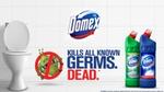 Two Domex products, a toilet, the Domex logo, and a text that reads "Kills all known germs. Dead."