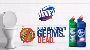 Two Domex products, a toilet, the Domex logo, and a text that reads "Kills all known germs. Dead."