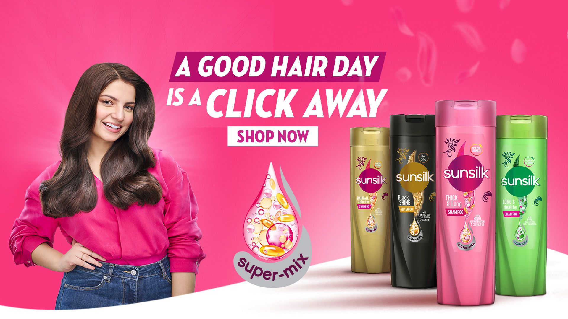 Four Sunsilk products next to a happy woman and a text that reads "A good hair day is a click away"