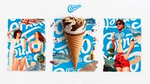 An unwrapped Cornetto Classico ice cream cone photographed on its distinctive blue and white branding with summer images.