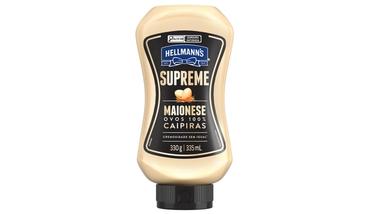 Bottle of Hellmann's Supreme Maionese (mayonnaise), in a black and cream squeeze bottle, 330g/335mL