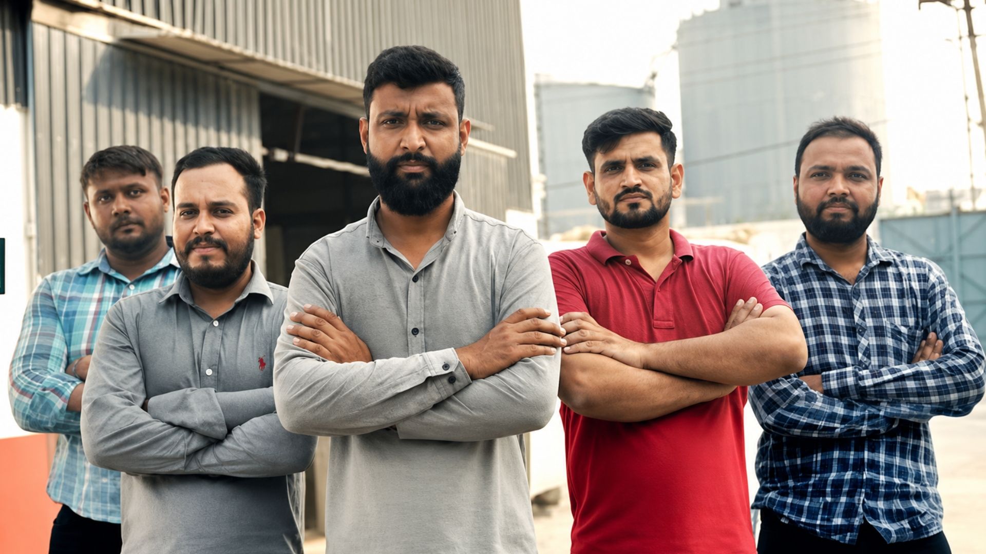 Five confident industrial workers stand together outside a factory with arms crossed