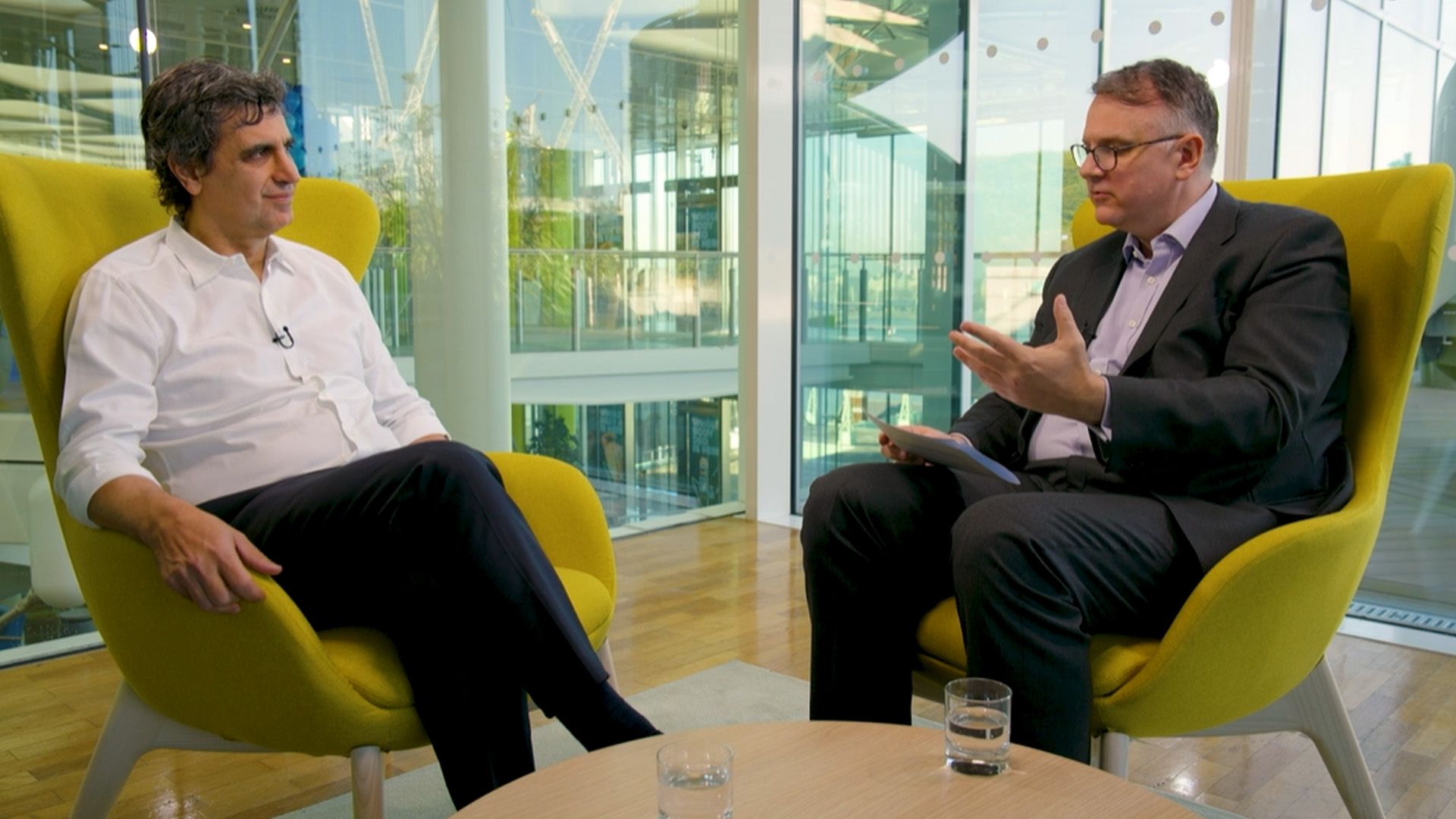 Unilever CEO Fernando Fernandez and Barclays analyst Warren Ackerman sitting together during a recent interview.