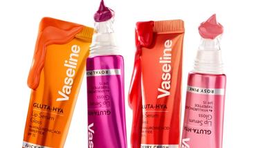 Four products from Vaseline’s Gluta-Hya Lip range. Packaging is red and pink on a white background.