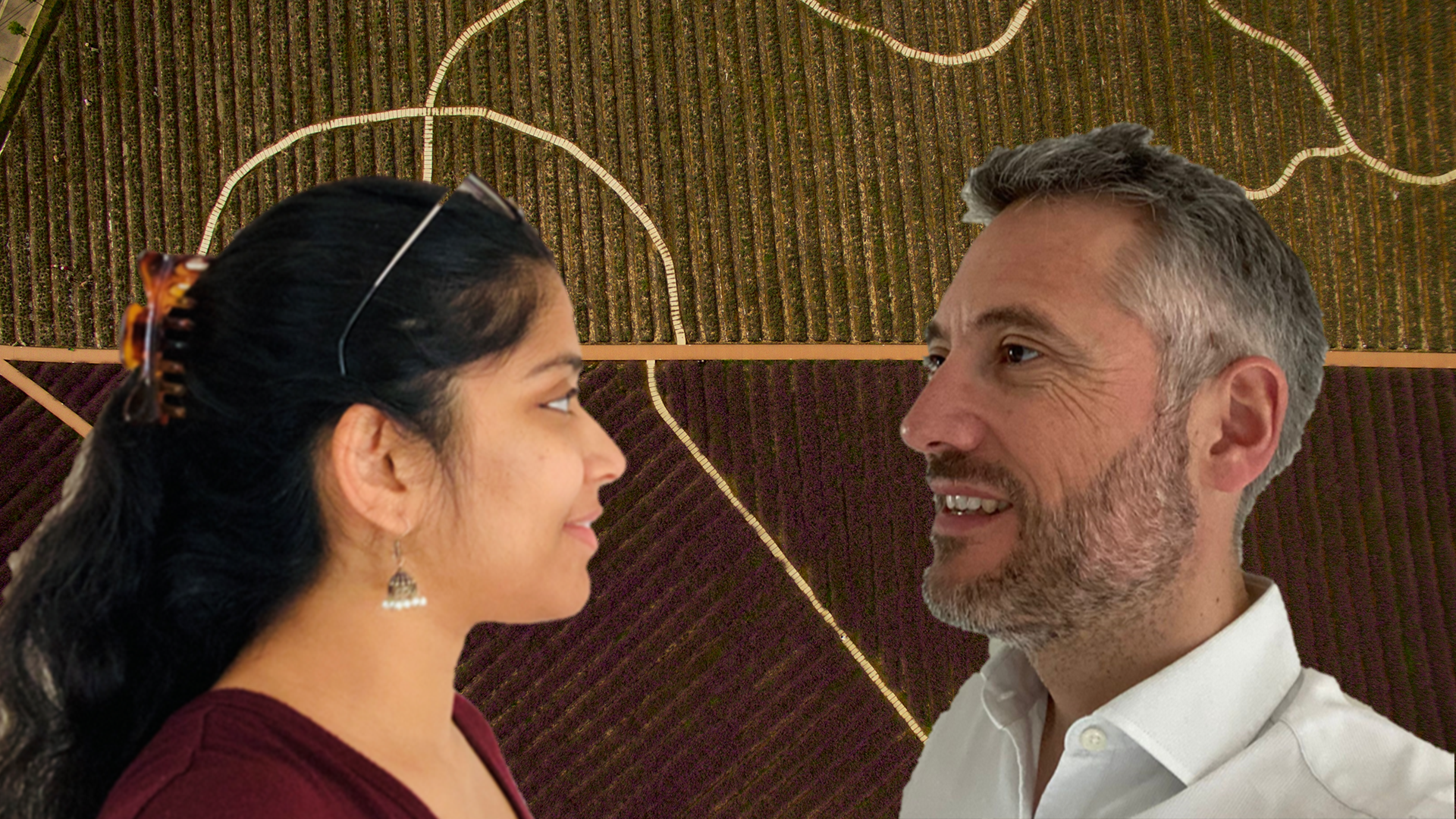 Swetha Stotra Bhashyam, right and Eric Soubeiran left on a brown field backdrop 