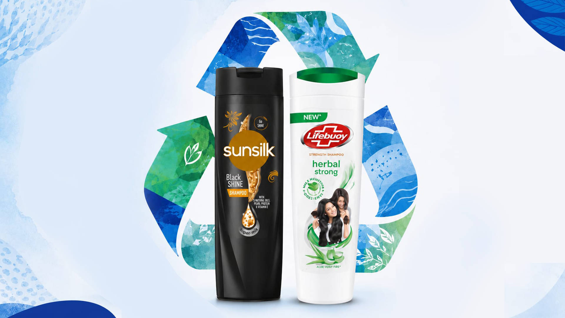 Sunsilk and Lifebuoy shampoo bottles displayed in front of a stylized recycling symbol