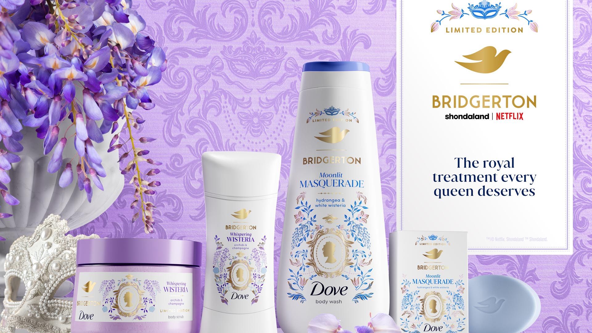 Line up of products from the Dove collaboration with Bridgerton, with the words “The royal treatment every queen deserves”.