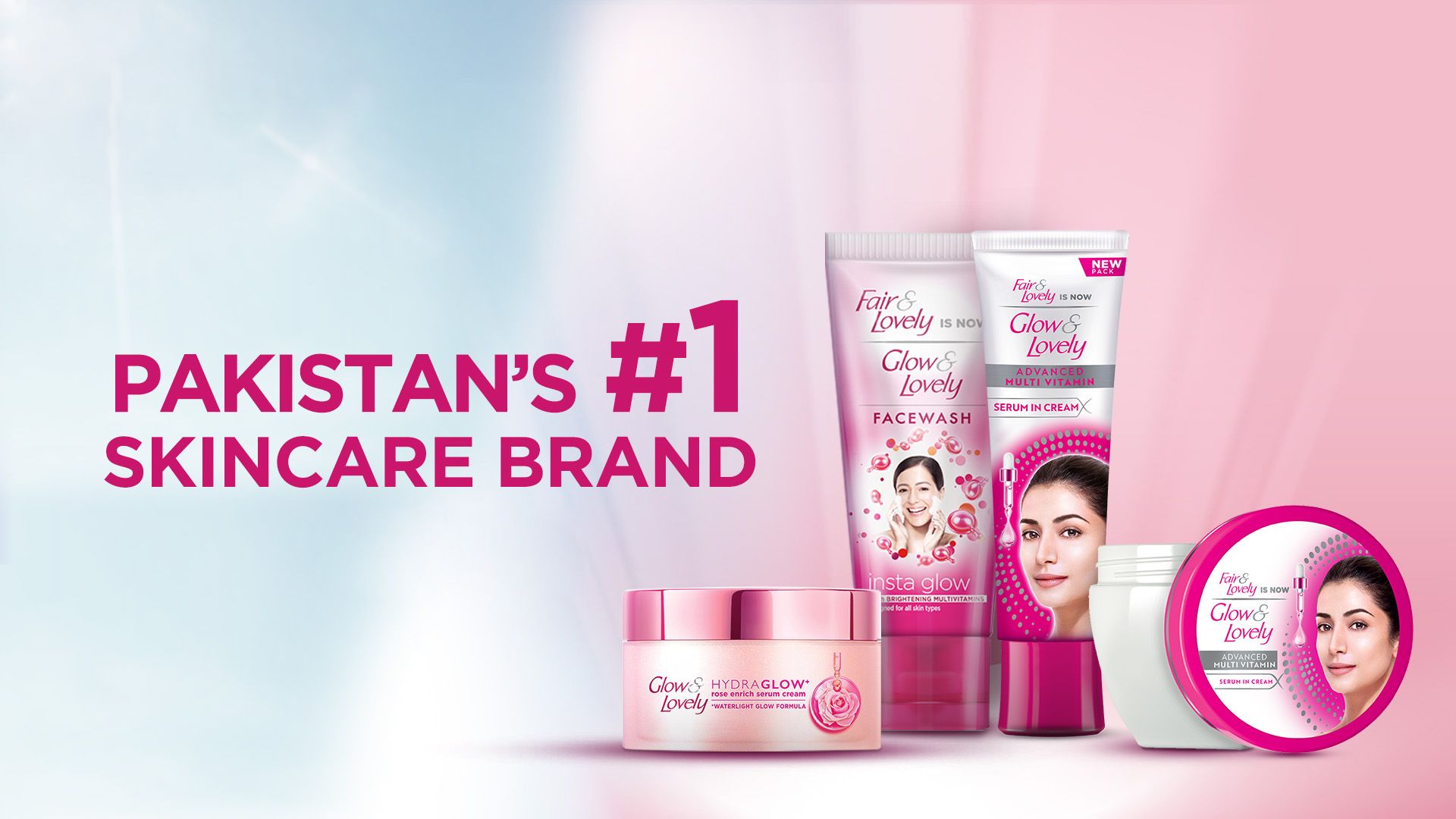 Four Glow & Lovely products and a text that reads "Pakistan's #1 Skincare Brand".