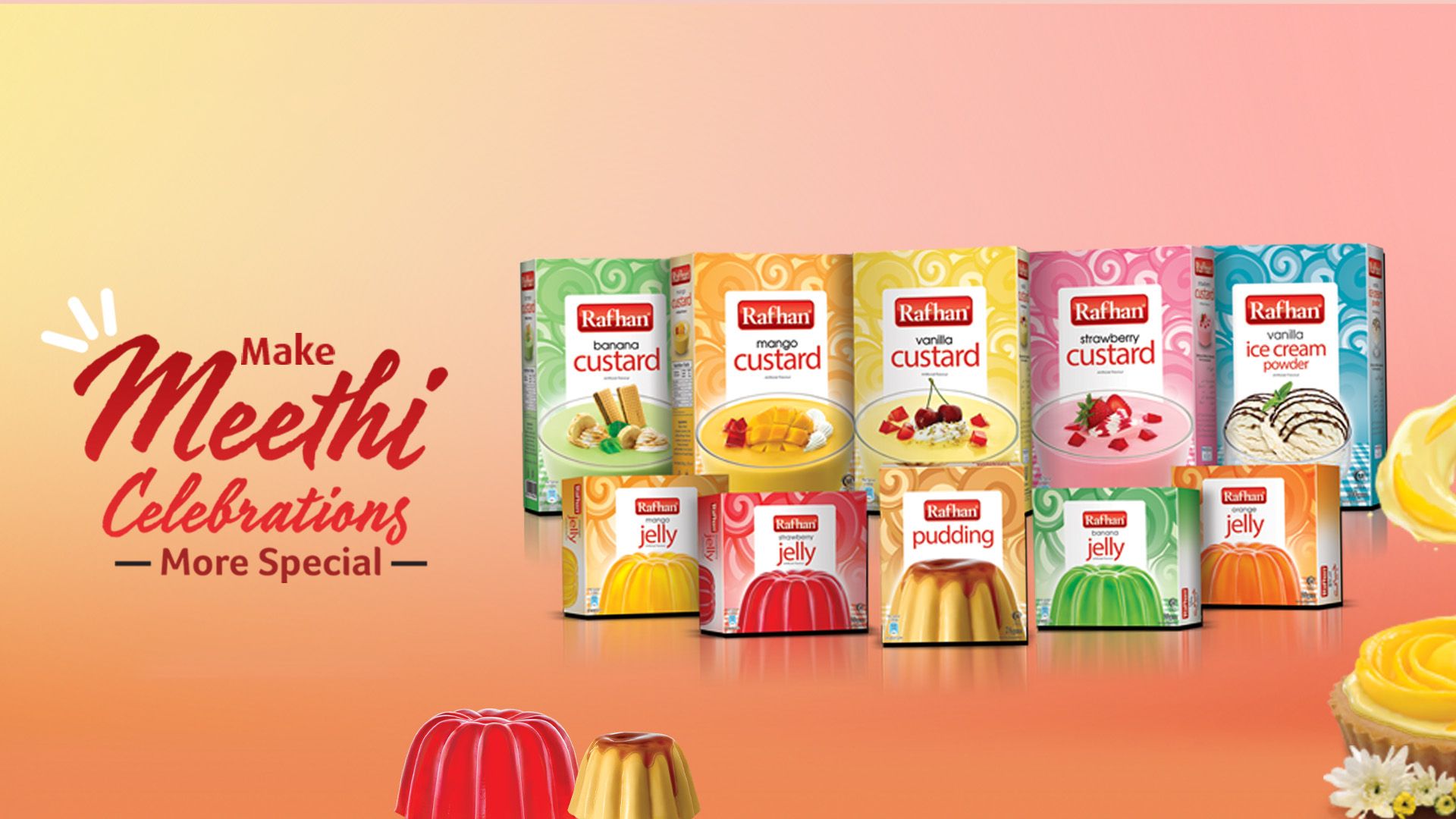 A collection of Rafhan custard, jelly, ice cream, and pudding boxes. The text on the left reads “Make Meethi Celebrations More Special”.