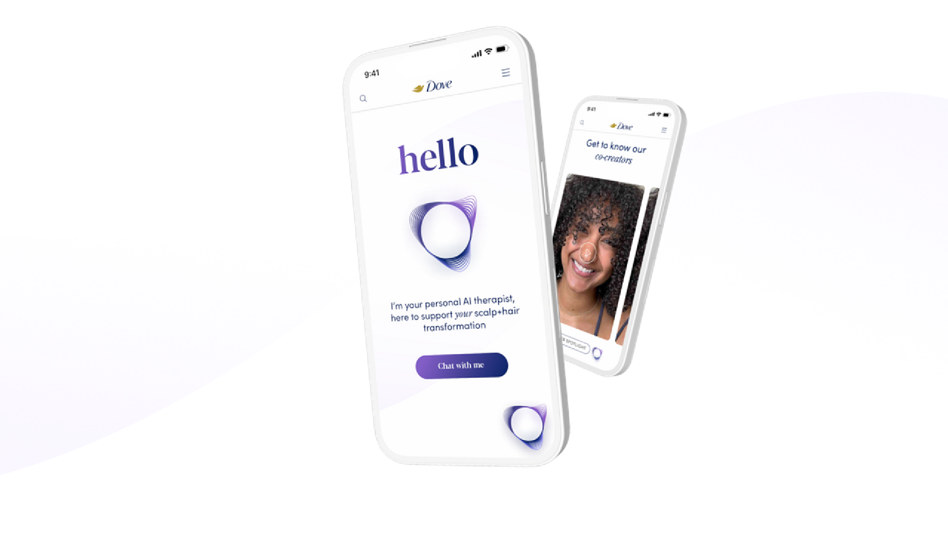 A smart phone screen showing Dove’s Scalp and Hair Therapist tool and an image of a woman with curly hair.