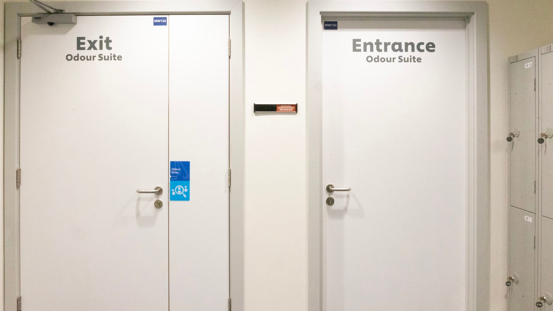 Large white entrance and exit doors to Unilever’s Odour Suite, where deodorants are tested in hot rooms.